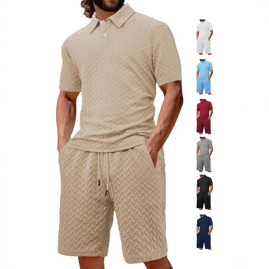 Textured Chevron Pattern Gray Casual Polo Set