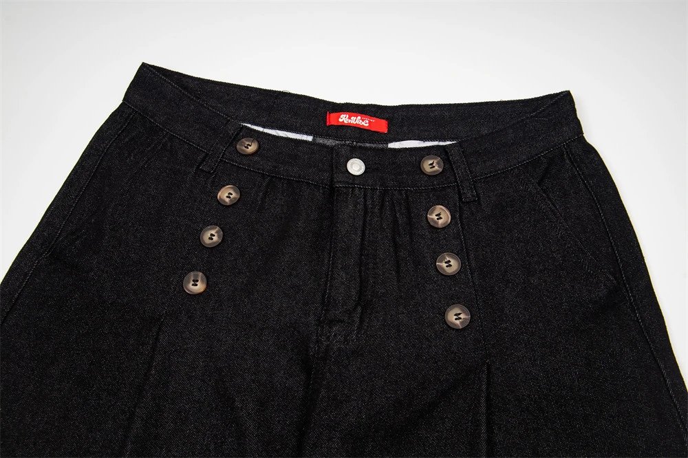 Design Wide-Leg Denim Trousers with Double-Breasted Button Detail Black Jeans - 7