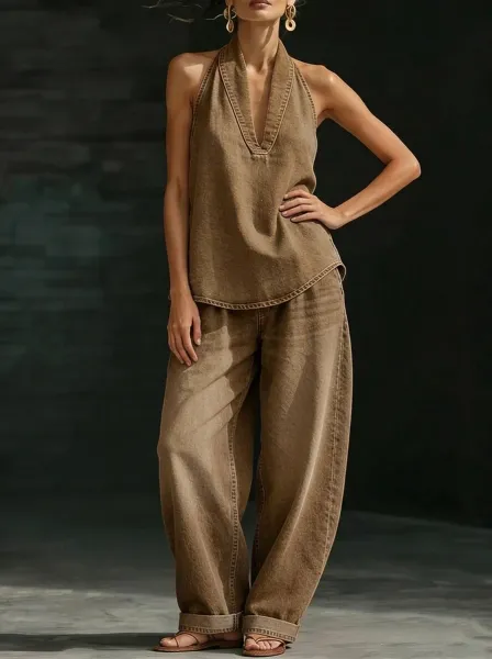 Design Halter Neck Top and Wide-Leg Pants Set in Brown - 1