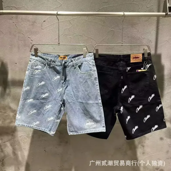 Corteiz All-Over Logo Denim Shorts in Light Wash and Black - 1