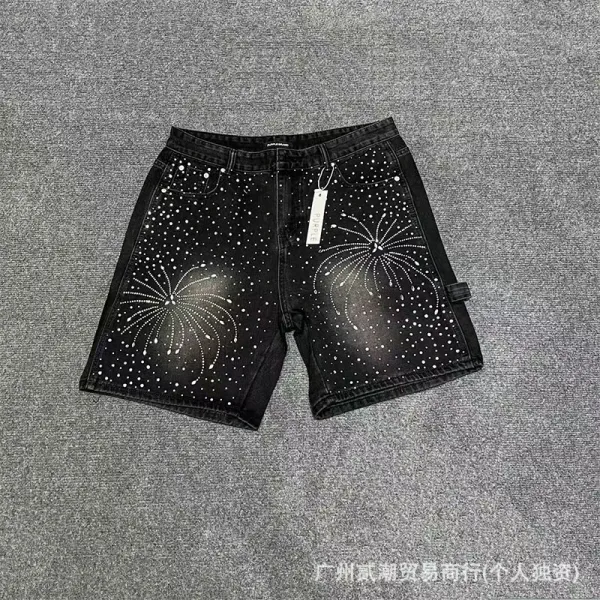 Design Denim Shorts with Rhinestone Sunburst Embroidery Blue and Black - 4