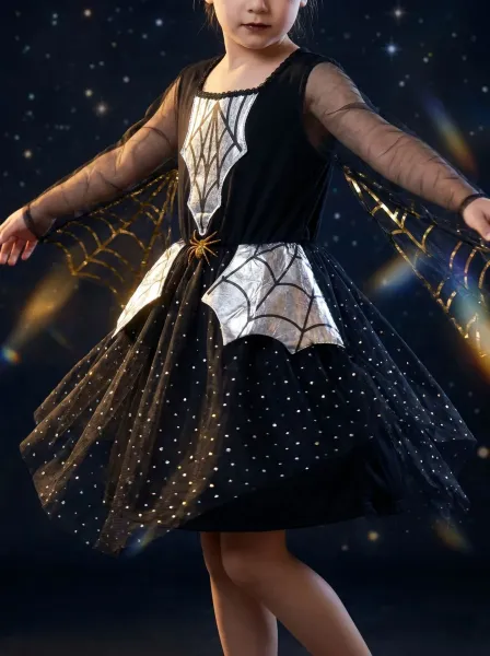 Design Batwing Spiderweb Costume Dress Black Silver Gold Kids Dress - 13