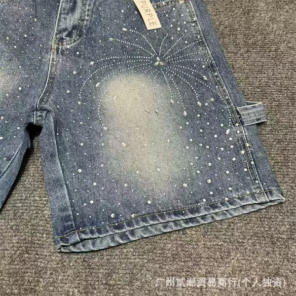Design Denim Shorts with Rhinestone Sunburst Embroidery Blue and Black - 12
