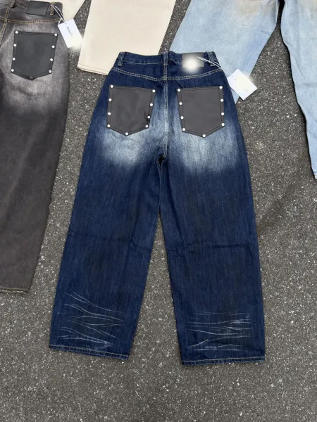 Design Distressed Wide-Leg Jeans with Rivet Pockets Black - 7
