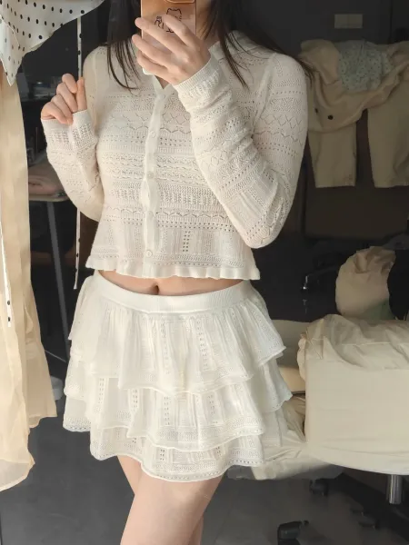 Design YOMO Tiered Knit Ruffle Skirt White Skirt - 8