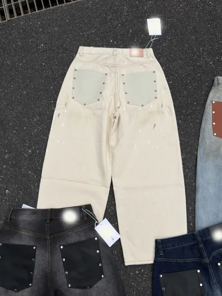Design Distressed Wide-Leg Jeans with Rivet Pockets Black - 8