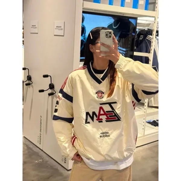Adidas Originals TEA Windbreaker Cream with Navy and Red Stripes - 8