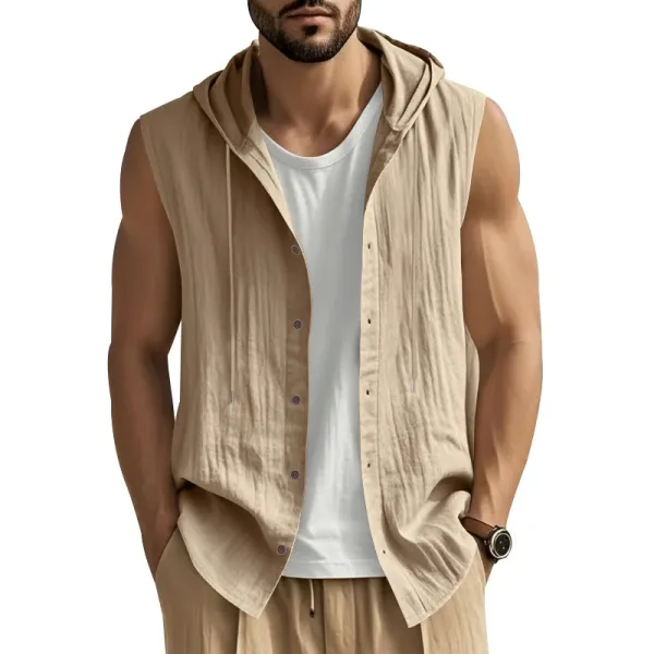 Design Sleeveless Hooded Button-Up Shirt White Tops - 22