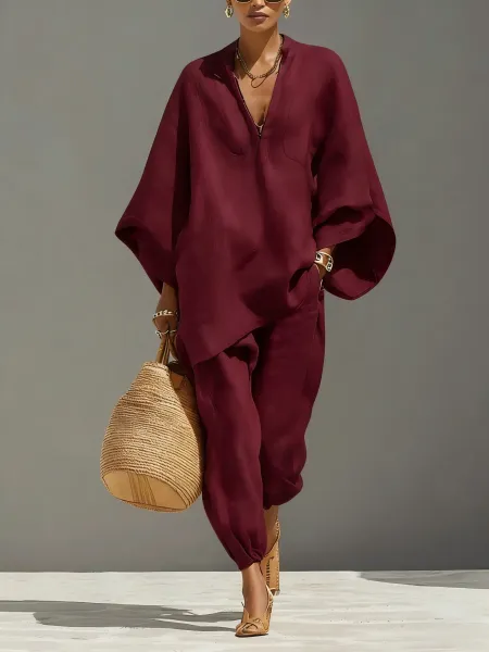 Design Wide-Sleeve V-Neck Top and Cropped Pants Set Burgundy - 13