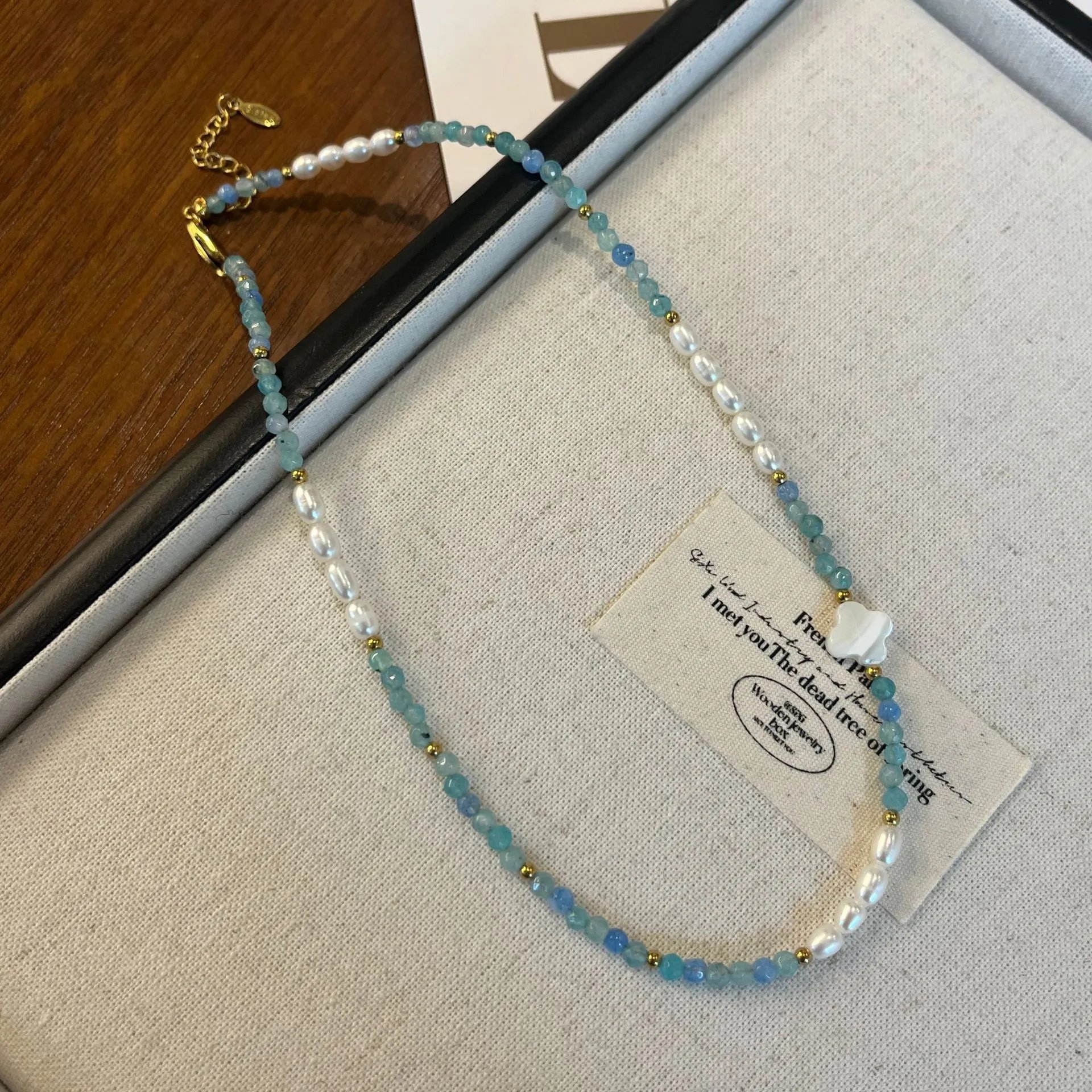 Design Pearl and Aqua Bead Bracelet with Mother-of-Pearl Charm Jewelry - 12