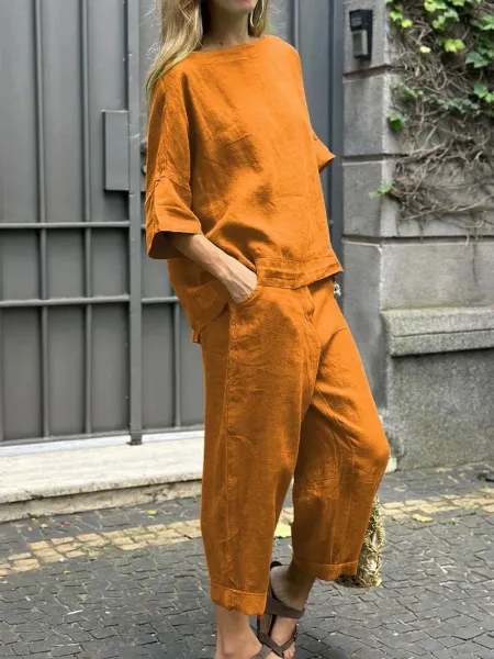 Design Loose Linen Set Gray Casual Top and Cropped Pants - 9