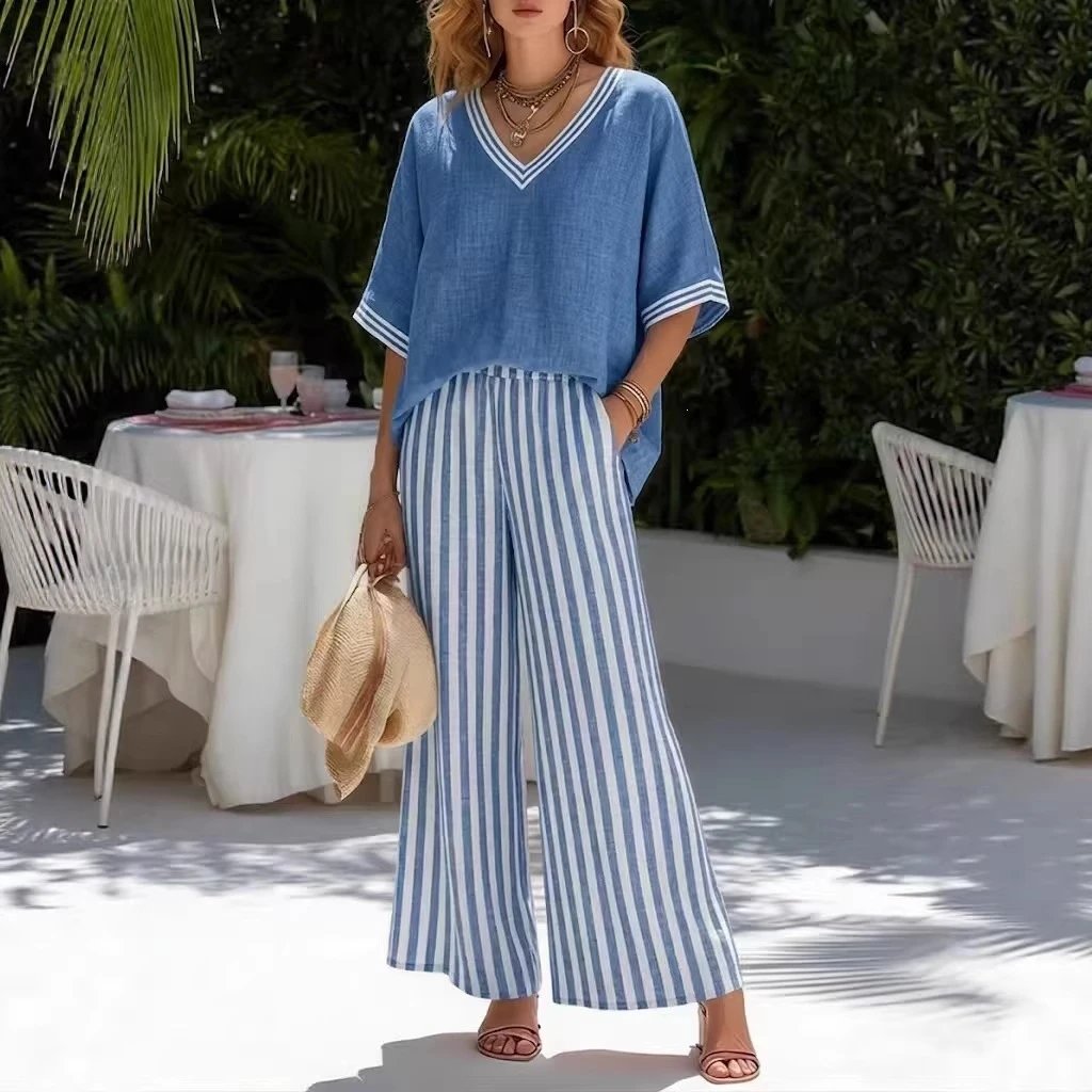Pink Linen V-Neck Top And Striped Wide Leg Pants Set