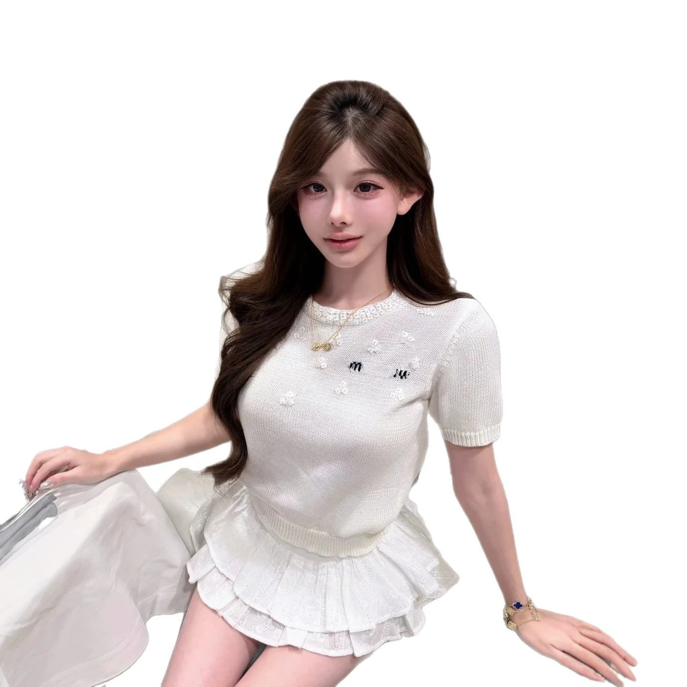Black Knit Top with White Crystal Floral Embellishment Casual