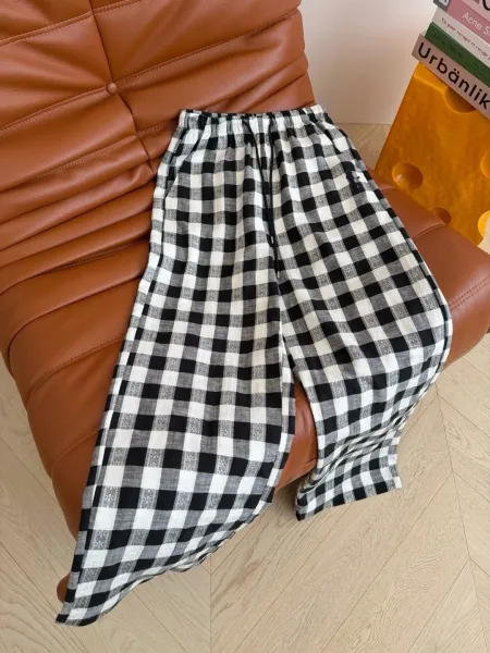 Design Gingham Check Wide-Leg Lounge Pants Black and White - 1