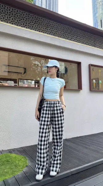 Design Gingham Check Wide-Leg Lounge Pants Black and White - 8