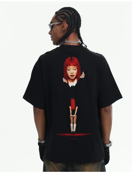 Design Like Jennie Graphic Print Black Oversized T-Shirt - 33