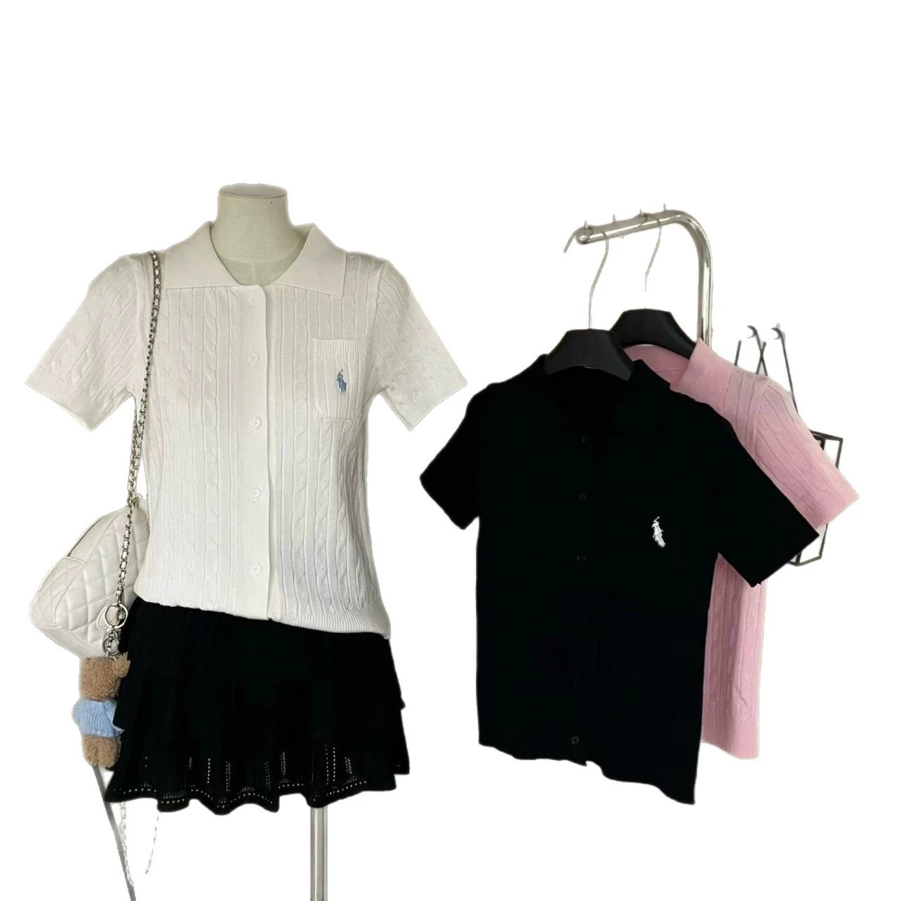 Pink Cable Knit Short Sleeve Button Up Collar Top