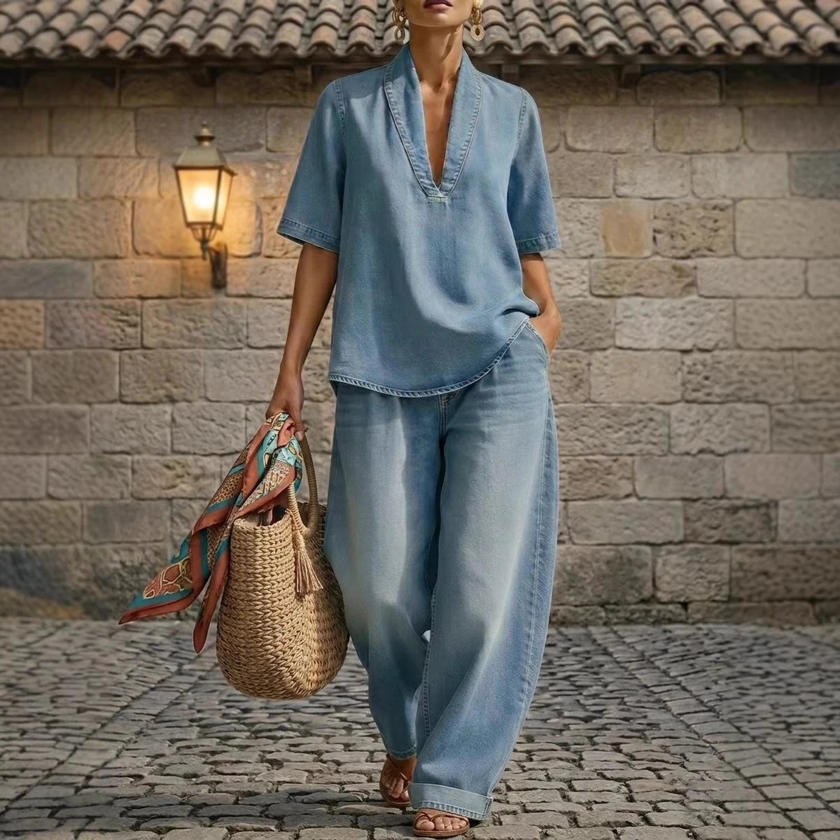 Denim V-Neck Short Sleeve Top And Wide Leg Pants Set Blue Casual