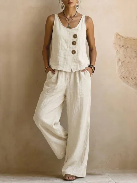 Design Linen Button-Front Tank Top and Wide-Leg Pants Set Beige - 4