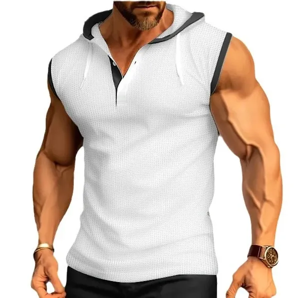 Design Sleeveless Hooded Waffle-Knit Vest Top White - 31