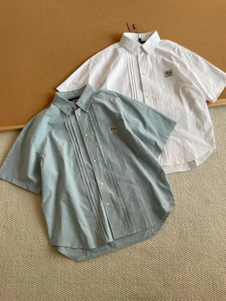 Stussy Pleated Short-Sleeve Shirt in Seafoam Green and White - 8