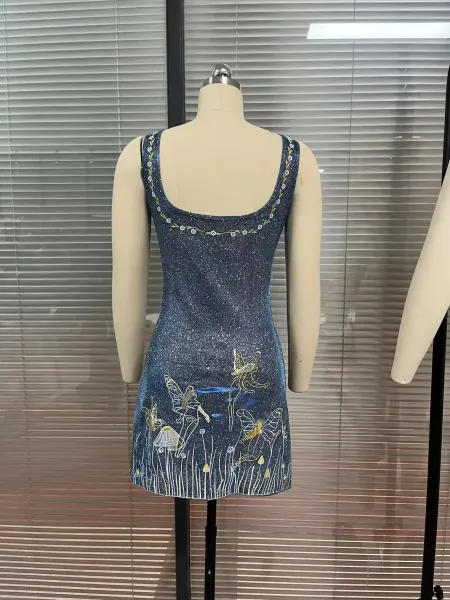 Design Sidian Form Fairy Garden Embroidered Green Glitter Mini Dress - 4