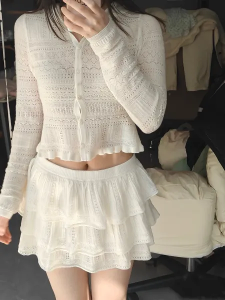 Design YOMO Tiered Knit Ruffle Skirt White Skirt - 7