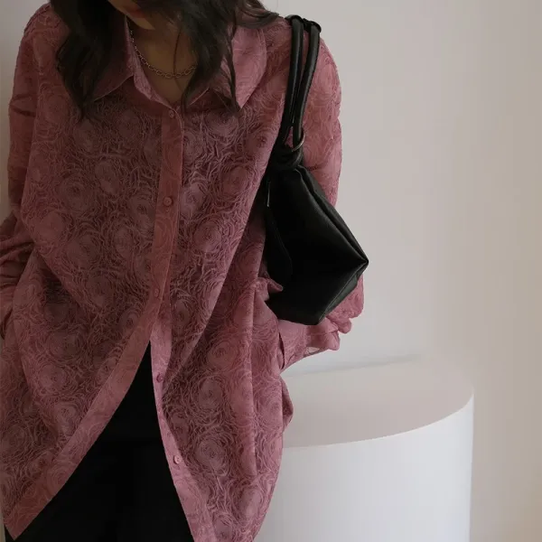 Design Sheer Floral-Print Oversized Shirt Black Tops Shirt - 6
