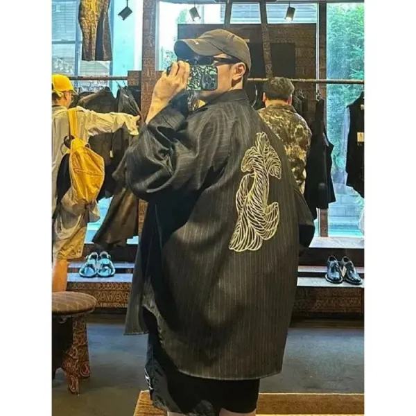 Needles Kimono Jacket Gray Pinstripe with White Rope Motif Outerwear - 9