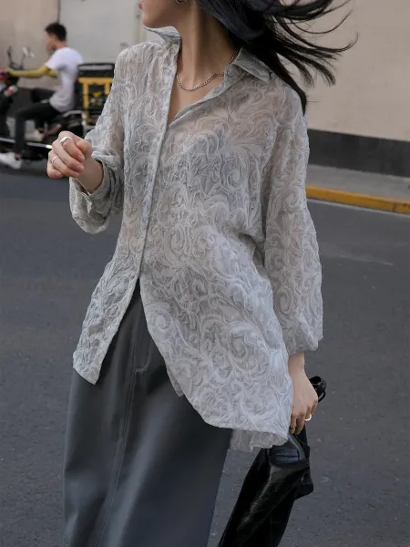 Design Sheer Floral-Print Oversized Shirt Black Tops Shirt - 17