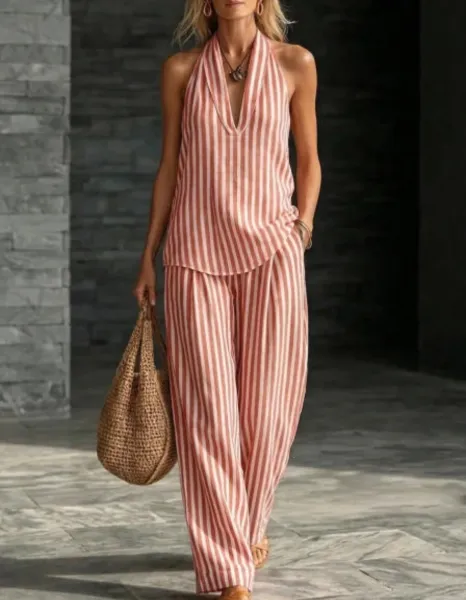 Design Striped Halter Neck Two-Piece Set Pink and White Pants Sets - 13