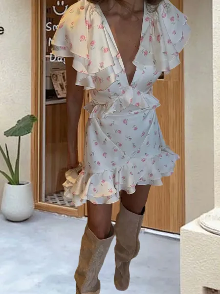 Design Floral Ruffle Wrap Mini Dress with Knit Cardigan and Suede Knee-High Boots - 6