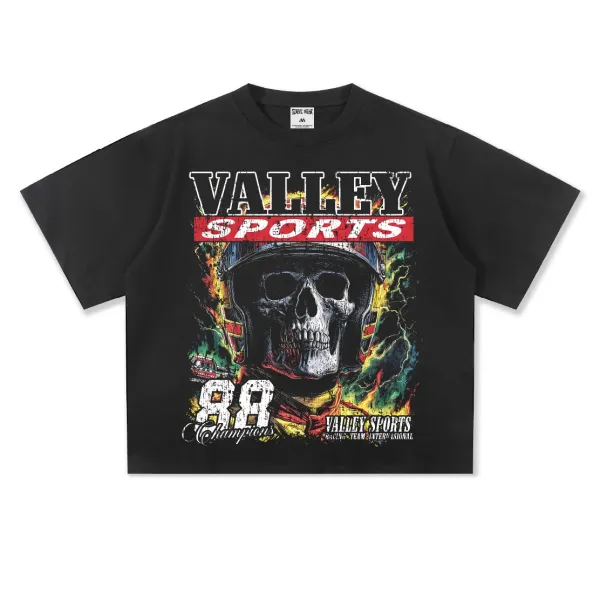 Design Valley Sports Skull Graphic Cropped T-Shirt Black T-Shirts - 1