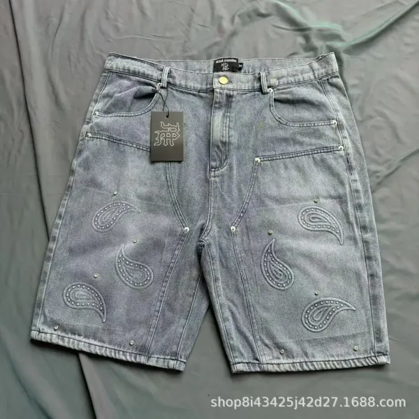 Design Mixed Emotion Paisley Embroidered Denim Shorts Gray Shorts - 1