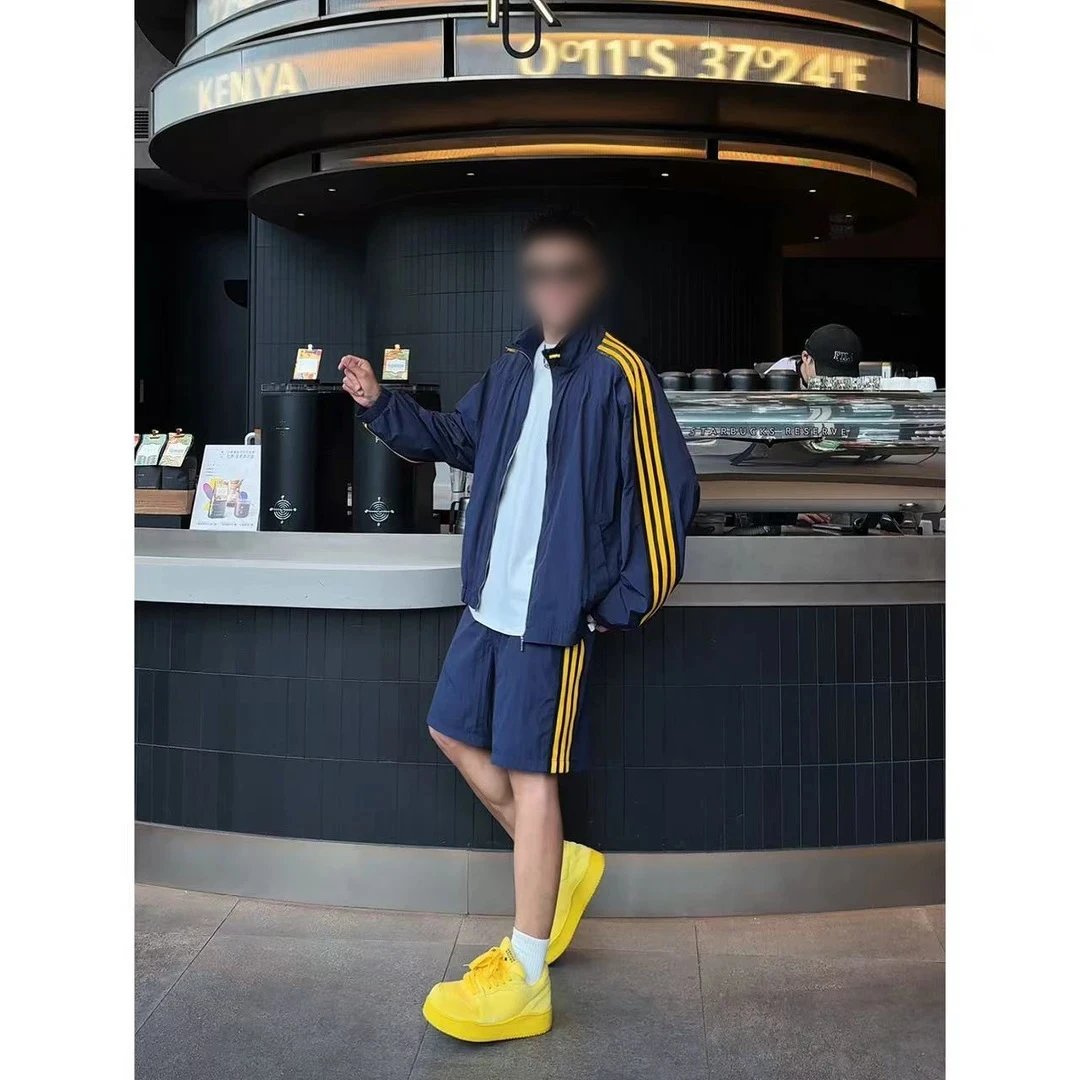 Navy Blue Track Jacket and Shorts Set with Yellow Stripes Sporty Outfit
