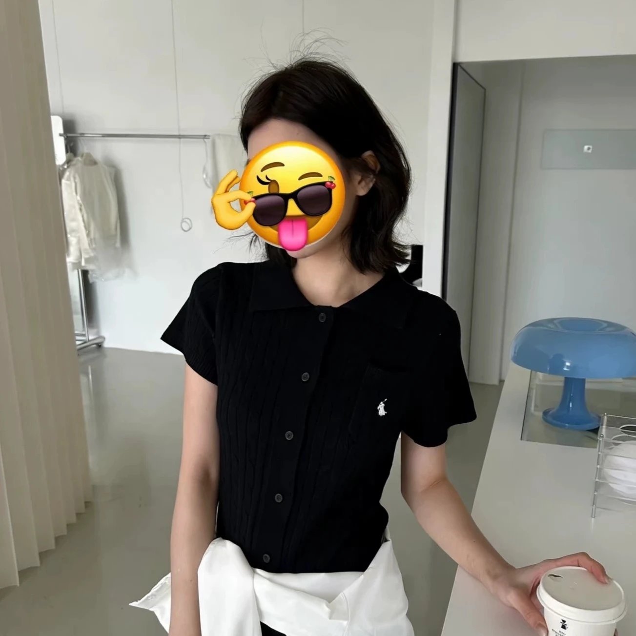 Pink Cable Knit Short Sleeve Button Up Collar Top