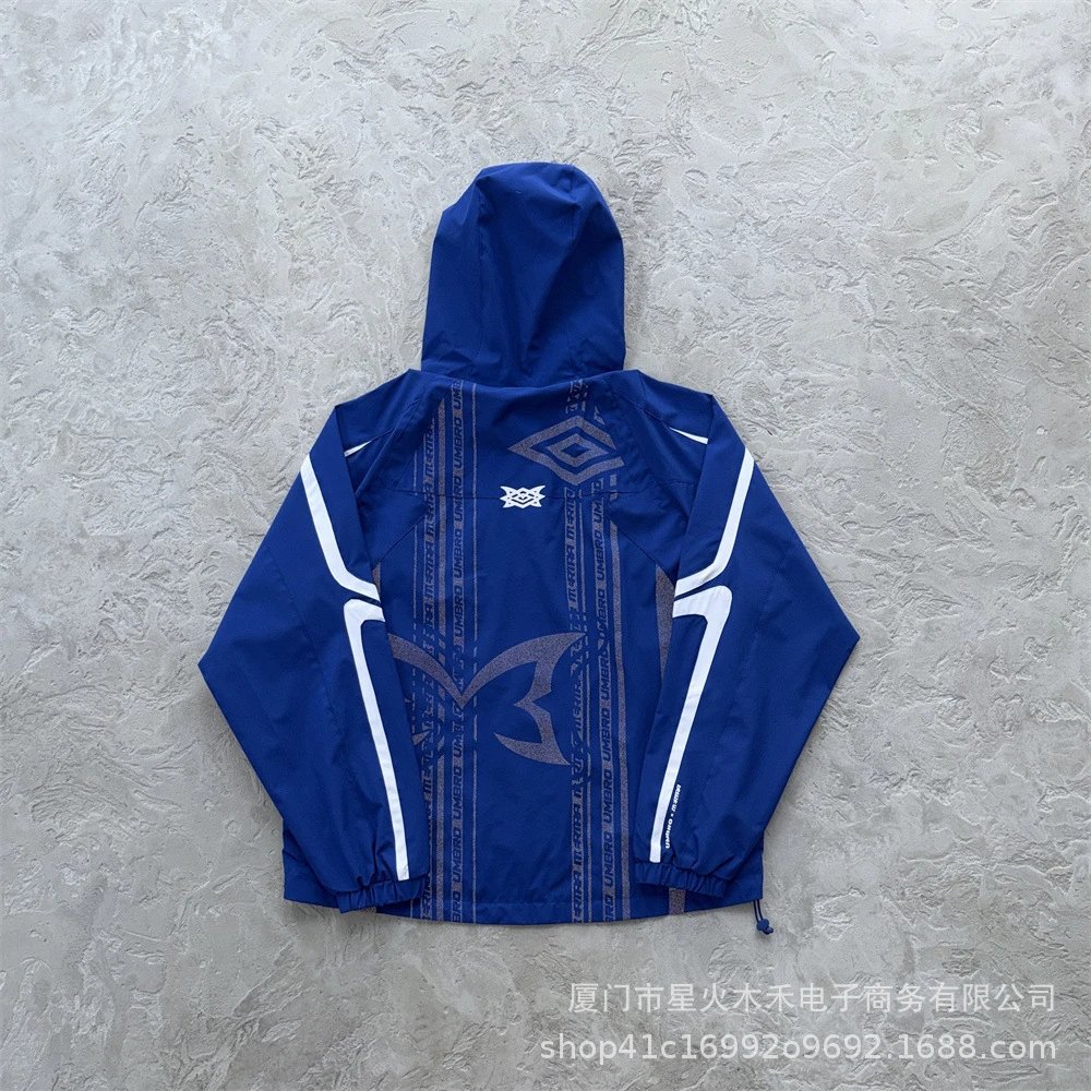 Umbro Windbreaker Jacket Royal Blue with White Stripes and Graphic Print - 11