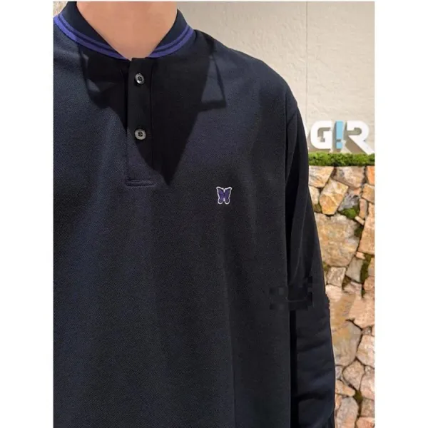 Needles Henley Long Sleeve Black Navy Trim Top - 5