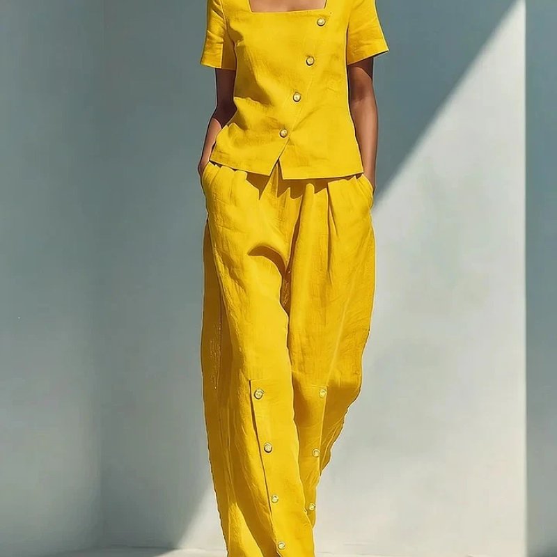 Yellow Linen Button-Front Set with Square Neck Top and Wide-Leg