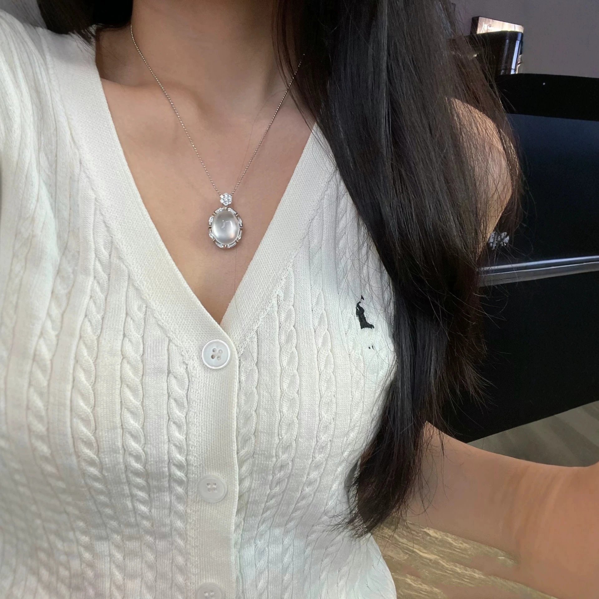 Silver Oval Moonstone Pendant Necklace with Diamond Accents
