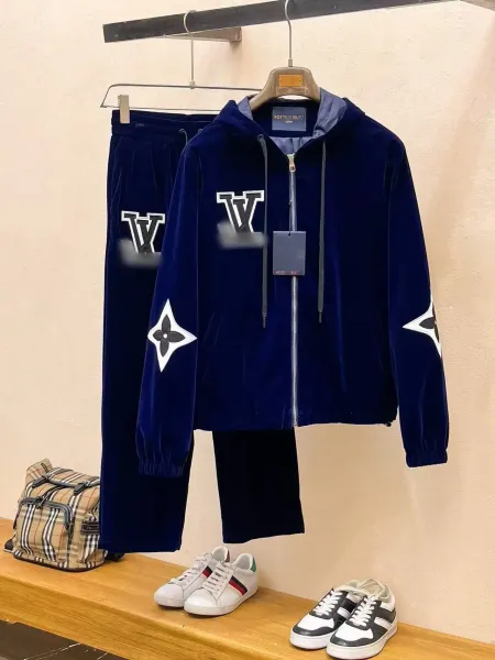 Louis Vuitton Monogram Velvet Hoodie and Sweatpants Set Navy Tracksuit - 1