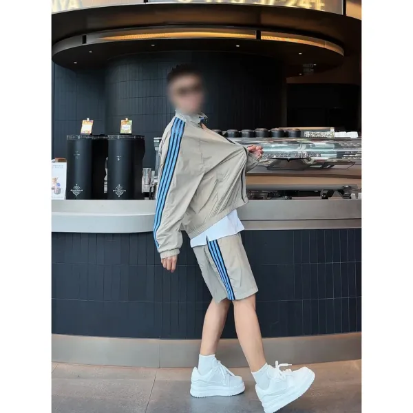 Adidas Originals Track Jacket and Shorts Set Beige with Blue Stripes Outerwear - 5