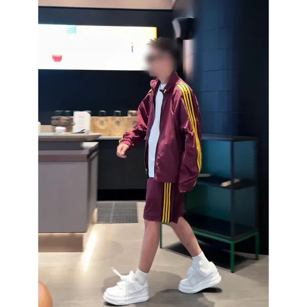 Adidas Originals Track Jacket and Shorts Set Beige with Blue Stripes Outerwear - 6