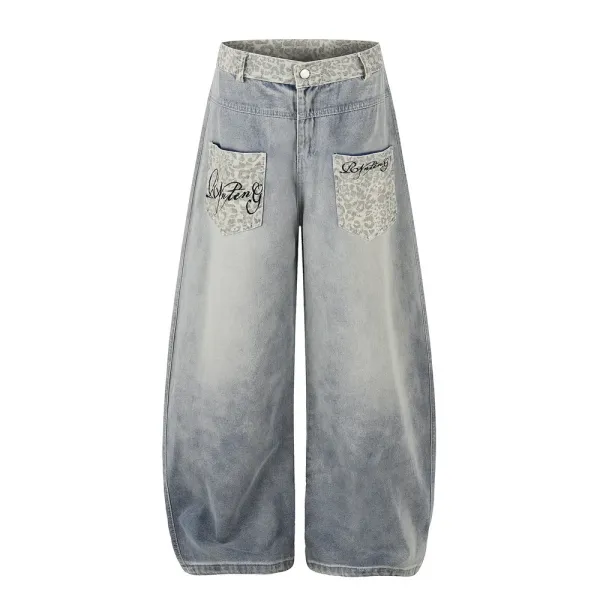 Design Wide-Leg Distressed Denim Jeans with Leopard Print Pockets - 1