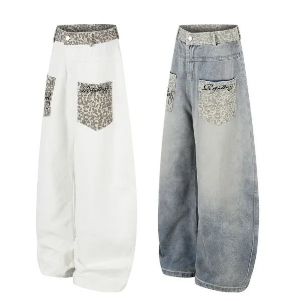 Design Wide-Leg Distressed Denim Jeans with Leopard Print Pockets - 4