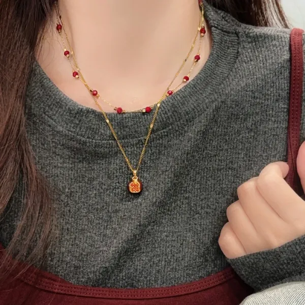 Design Pomegranate Charm Necklace Gold Tone Red Enamel Jewelry - 5