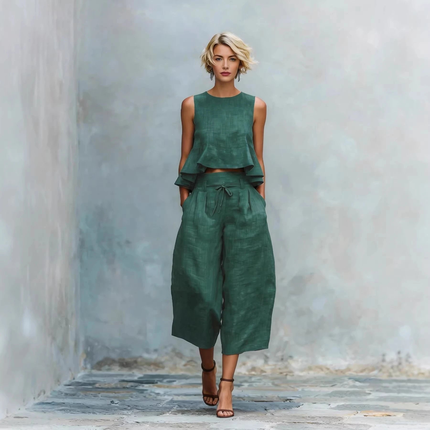 Pink Linen Peplum Top And Wide Leg Culottes Set