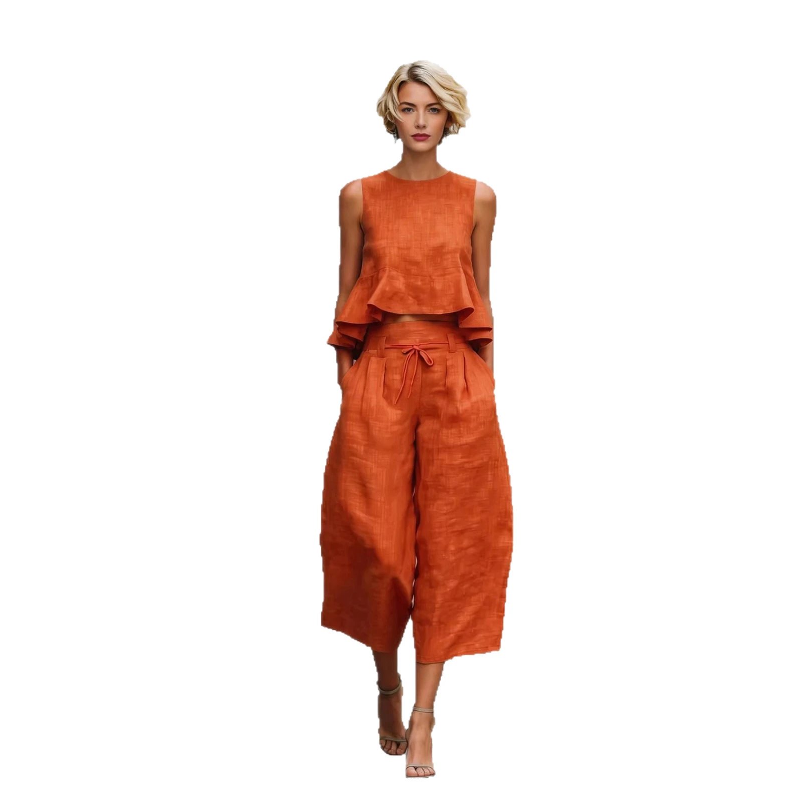 Pink Linen Peplum Top And Wide Leg Culottes Set