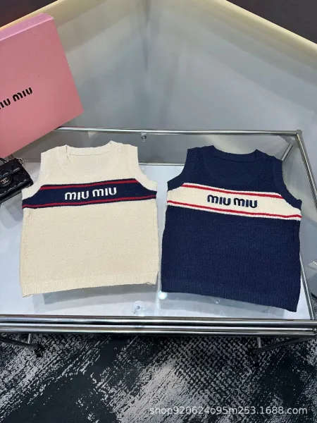 Miu Miu Logo-Striped Knit Vest Top Navy - 6