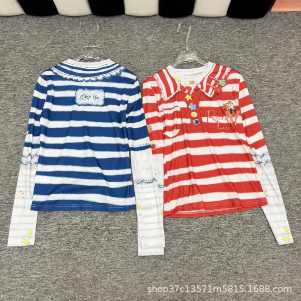 Design Striped Collar Polo Shirt Red White - 3
